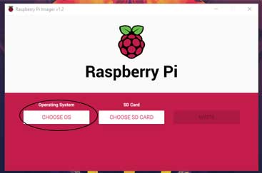 Ici vous pouvez voir le Raspberry Pi imageur. Cliquez sur le bouton gauche. Il est étiqueté "CHOOSE OS".