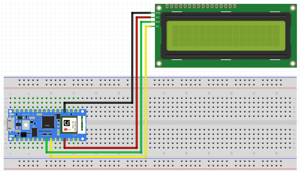 Hier zie je een in Fritzing getekend schema van hoe je dit project aansluit.