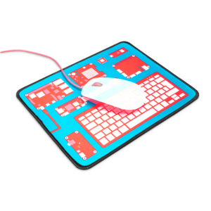 Official Raspbery Pi Mouse Pad with an official Raspberry Pi mouse over it